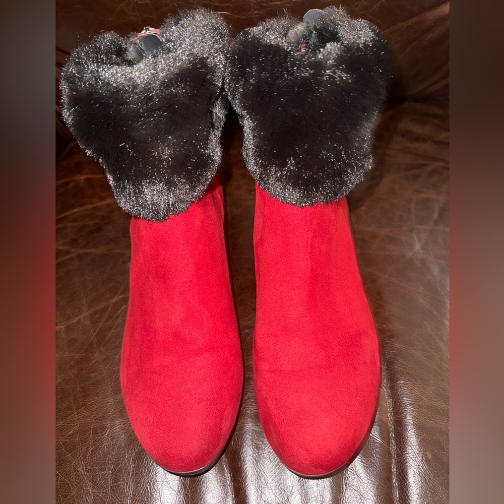 Anne Klein Red Ankle Boots with Black Fur Trim